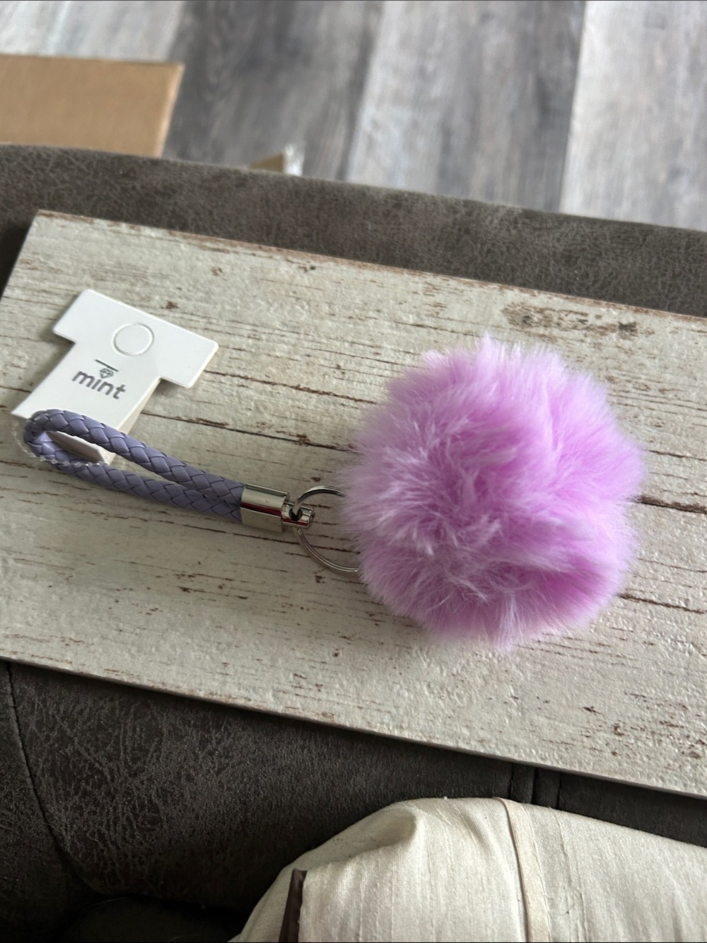 5/)25 Lavender Faux Fur Pom Pom Keychain with Braided Loop